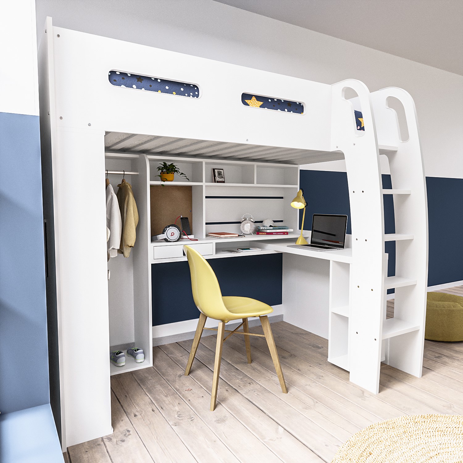 Read more about High sleeper loft bed with desk and wardrobe in white carter